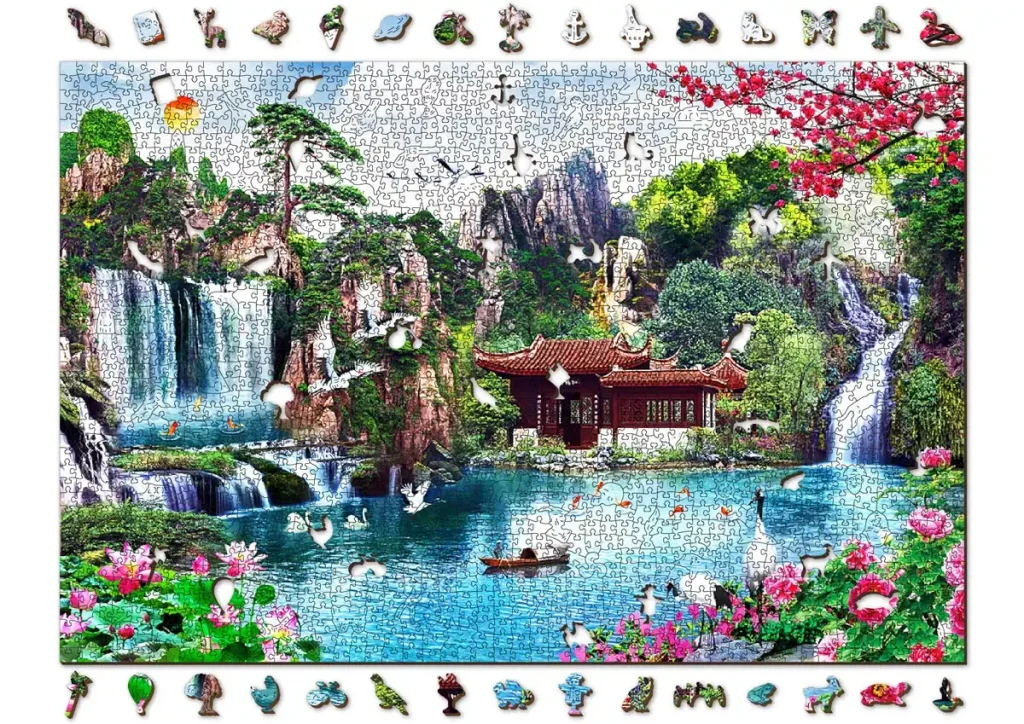 Puzzle drewniane 2000 Waterfalls In Japanese Garden XXL Opis 9