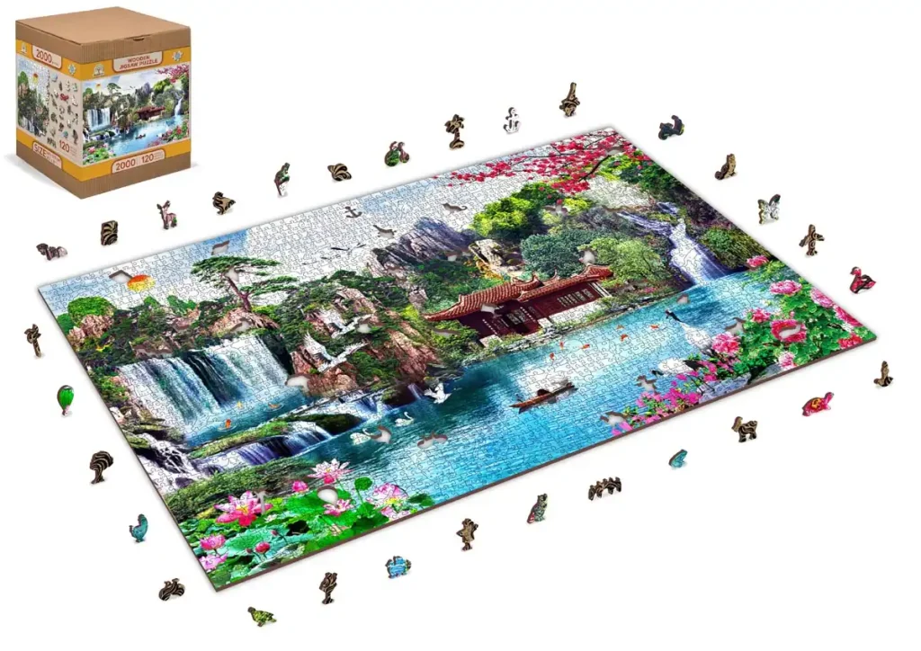 Puzzle drewniane 2000 Waterfalls In Japanese Garden XXL Opis 3